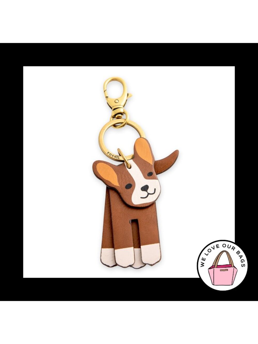 New FOSSIL SOFIA DOG Keychain Moving Parts Brown Leather Bag Charm Hang Tag Fob